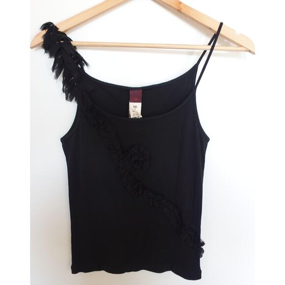 Carolina Herrera Tank Top Womens Medium Black Ruffle Rosette Asymmetrical Party - Picture 1 of 11